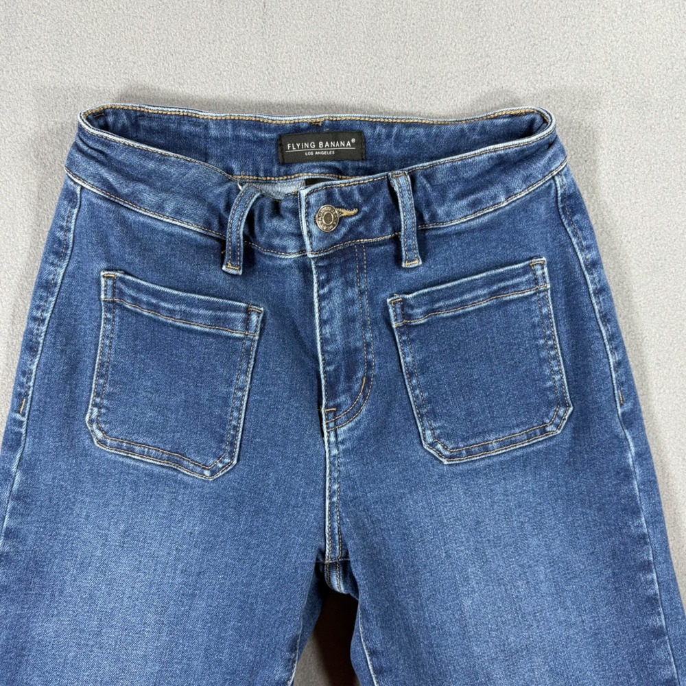 Flying Banana Flare Jeans Women 2S Blue Excellent Patch Pocket High Rise FLB-P-1 - Picture 2 of 8